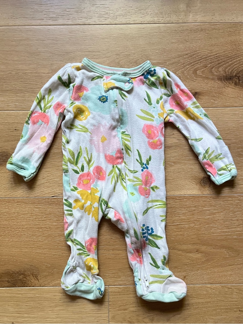Floral Footed Baby One-Piece Pajamas in Pastel Pink & Mint Newborn